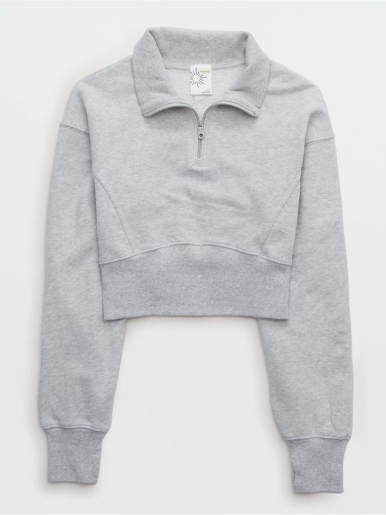 aerie Tops - aerie Heather Gray Cropped Quarter-Zip Pullover Sweatshirt
